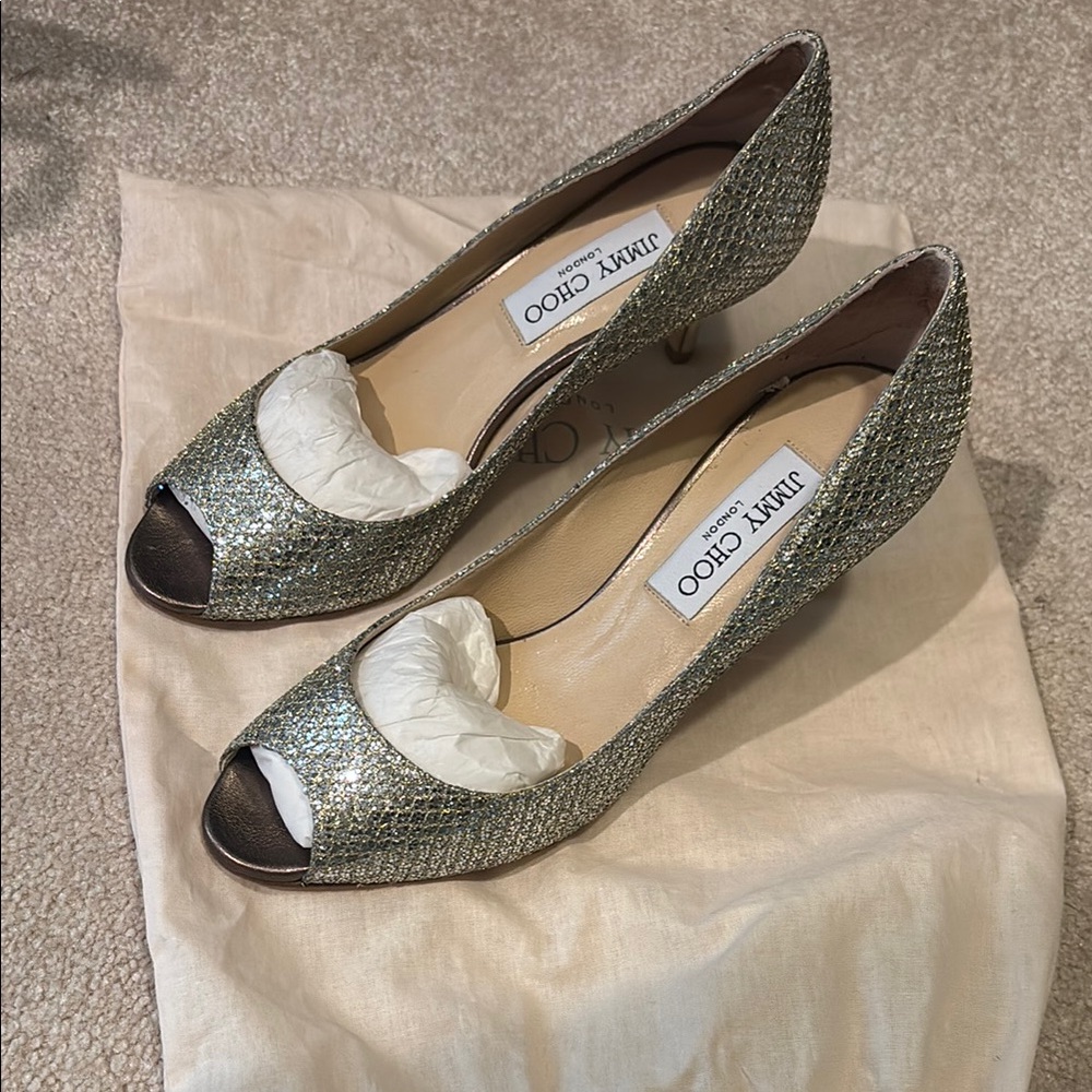 Jimmy Choo Gold and Silver Heels with Metallic Texture and Peep-Toe Design
